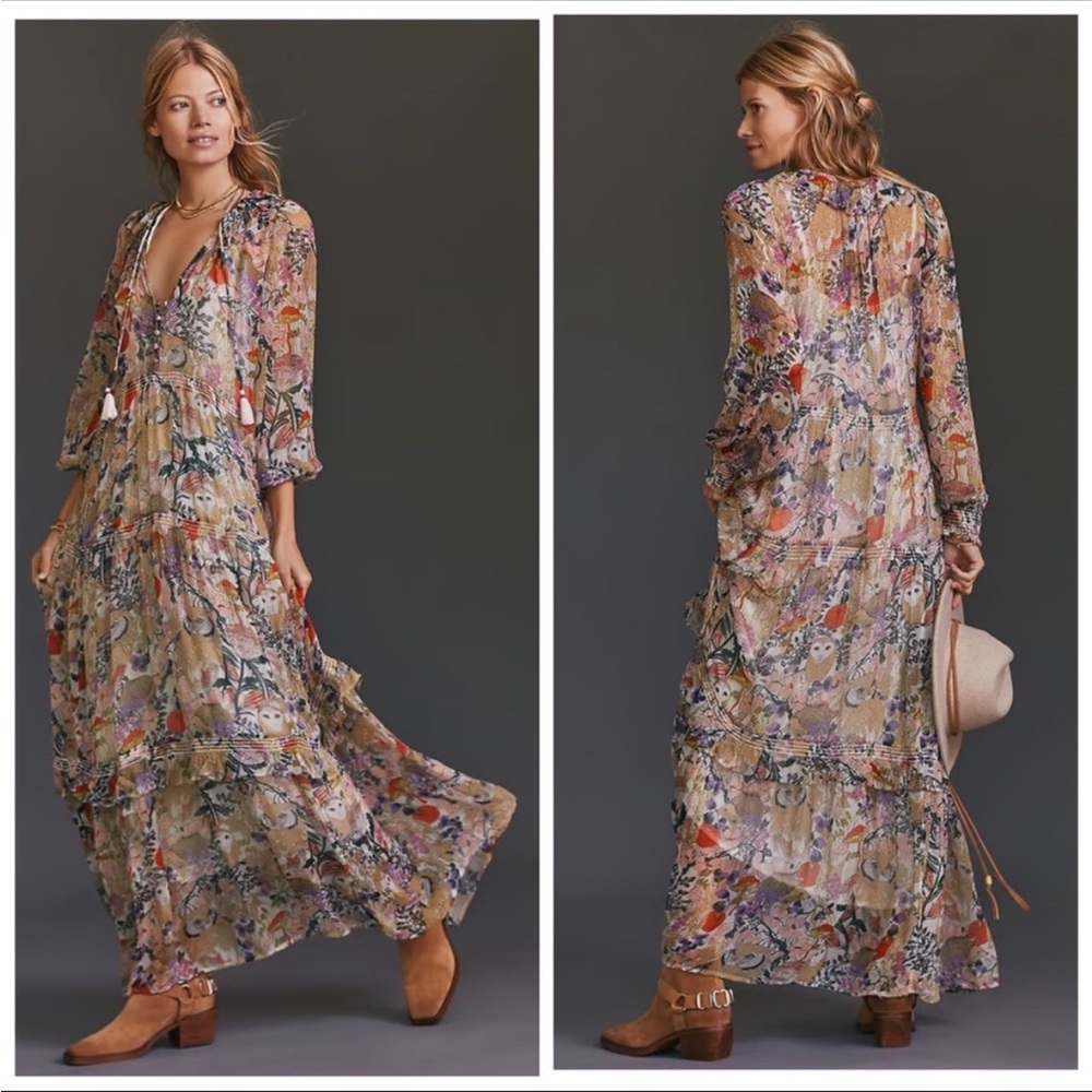 Anthropologie The Marais Printed Chiffon Owl Maxi Dress Size Large